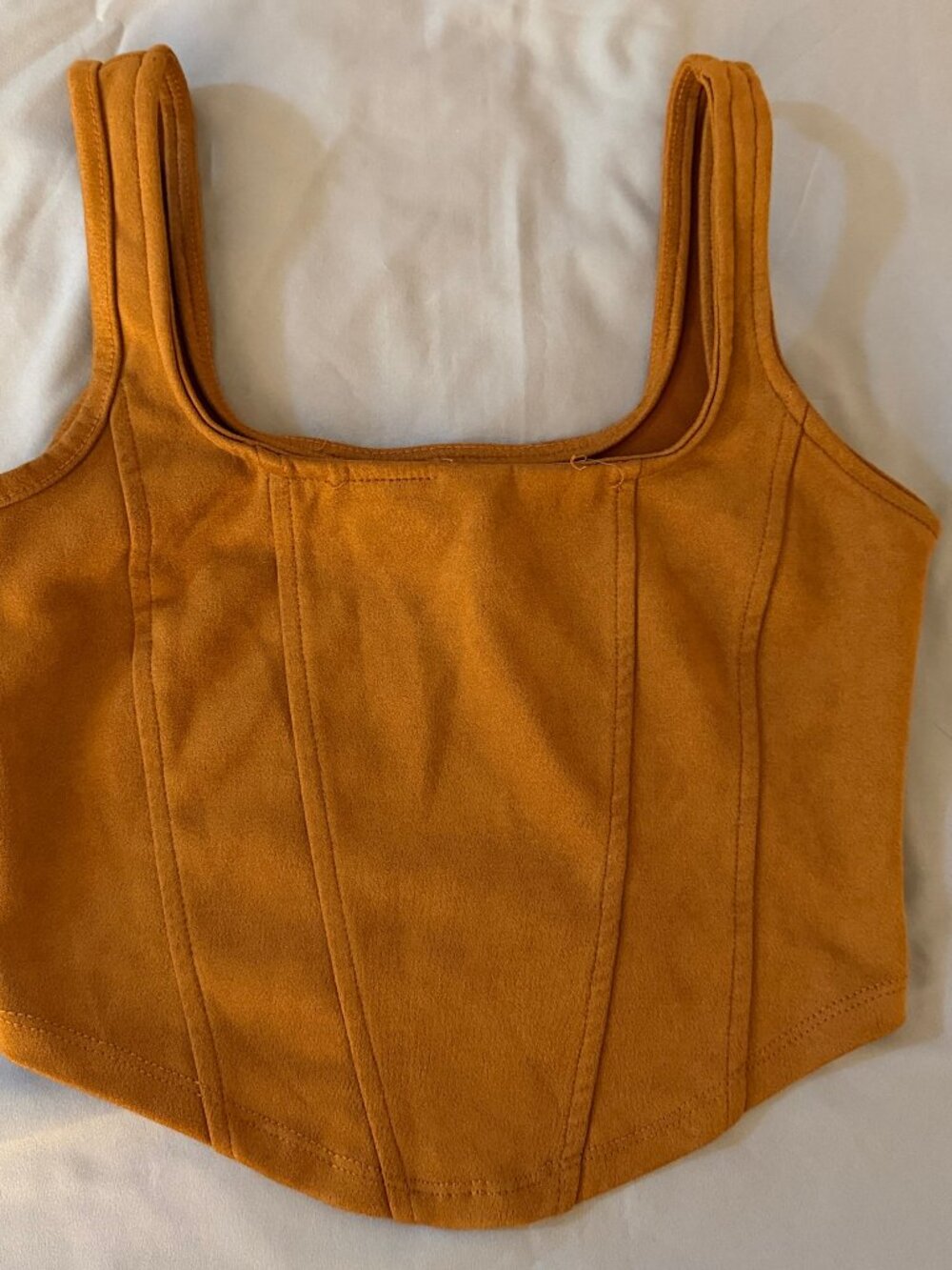 Mustard-colored Rue 21 corset-style top (Size S) featuring a square neckline,